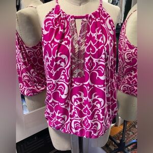 INC Sleeveless Hot Pink Print Top w/Elastic Waist & Silver Beading, Size PL